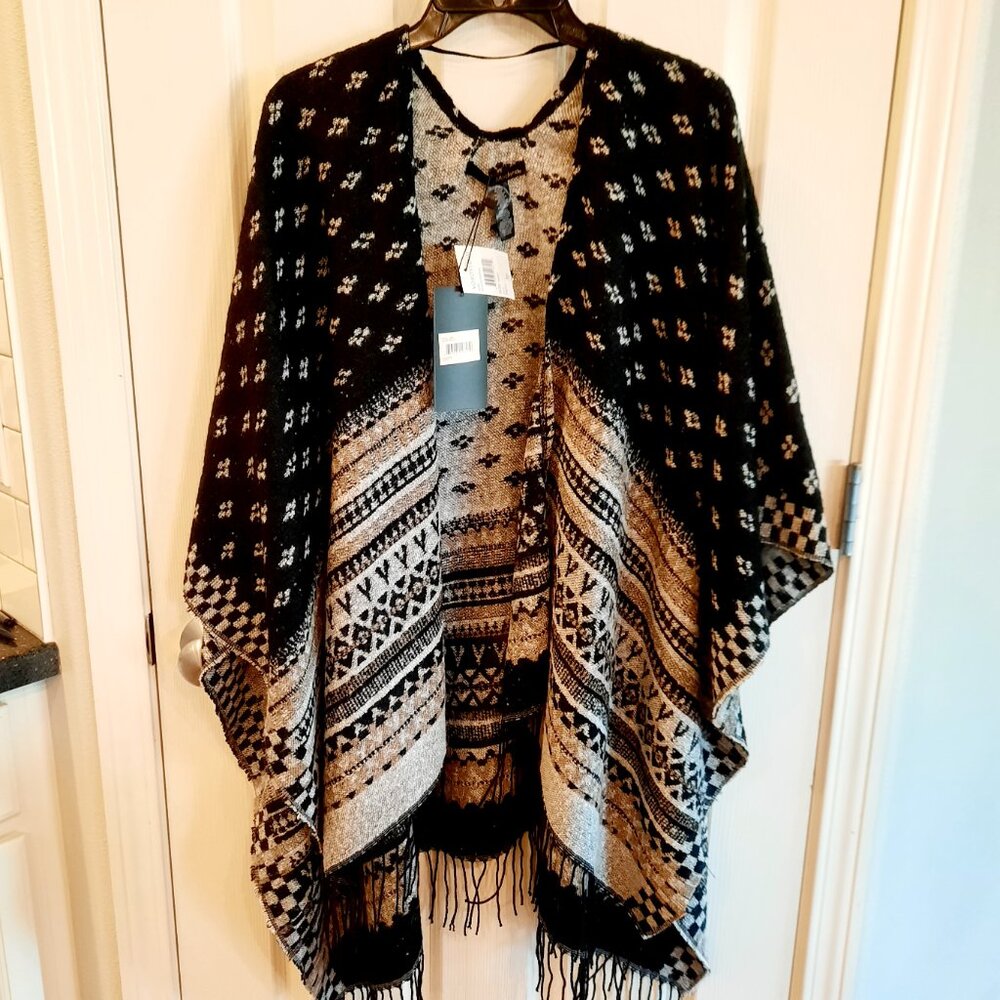 NEW Modena Fair Isle Poncho/Cape/Shawl in Black, Gray and Tan, OS